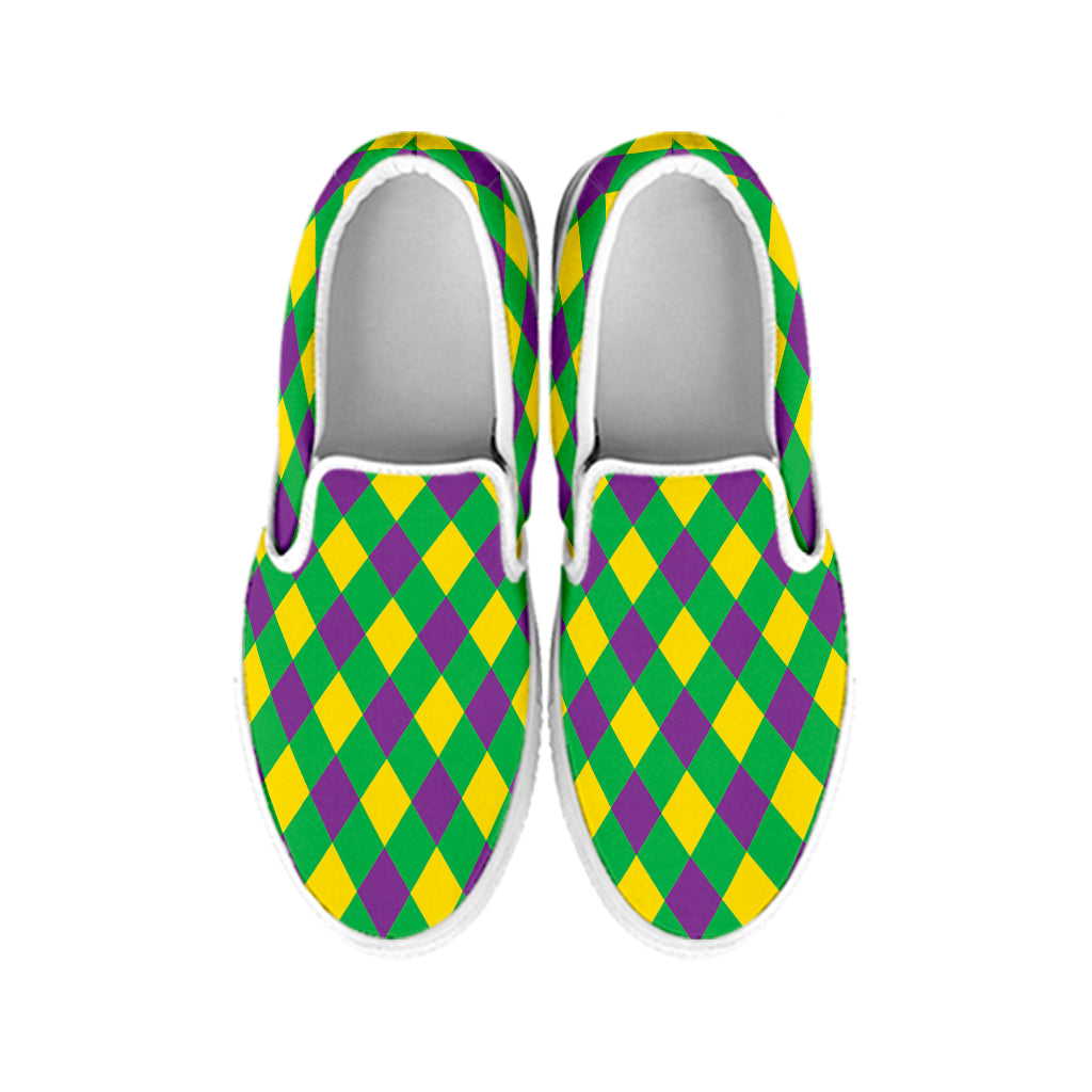 Mardi Gras Plaid Pattern Print White Slip On Shoes
