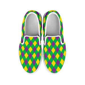 Mardi Gras Plaid Pattern Print White Slip On Shoes