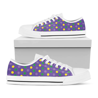 Mardi Gras Polka Dot Pattern Print White Low Top Shoes