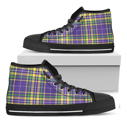 Mardi Gras Tartan Plaid Pattern Print Black High Top Shoes