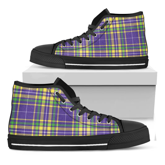 Mardi Gras Tartan Plaid Pattern Print Black High Top Shoes