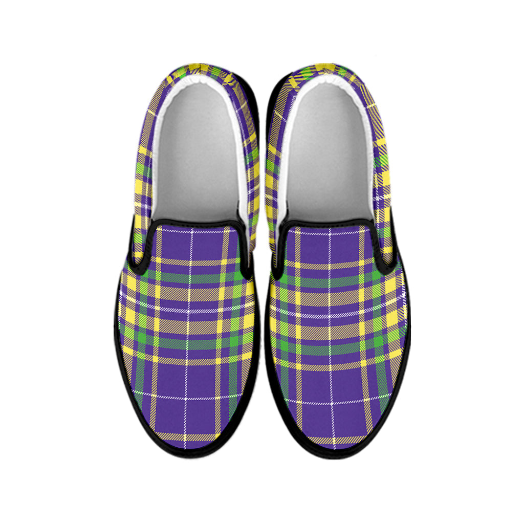 Mardi Gras Tartan Plaid Pattern Print Black Slip On Shoes