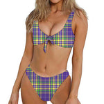 Mardi Gras Tartan Plaid Pattern Print Front Bow Tie Bikini