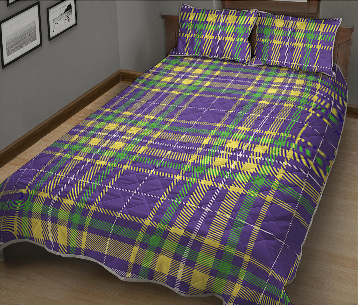 Mardi Gras Tartan Plaid Pattern Print Quilt Bed Set