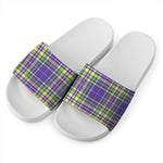 Mardi Gras Tartan Plaid Pattern Print White Slide Sandals