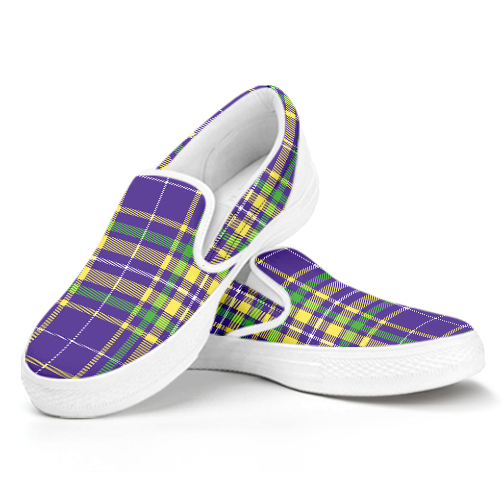 Mardi Gras Tartan Plaid Pattern Print White Slip On Shoes