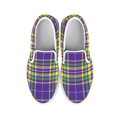 Mardi Gras Tartan Plaid Pattern Print White Slip On Shoes