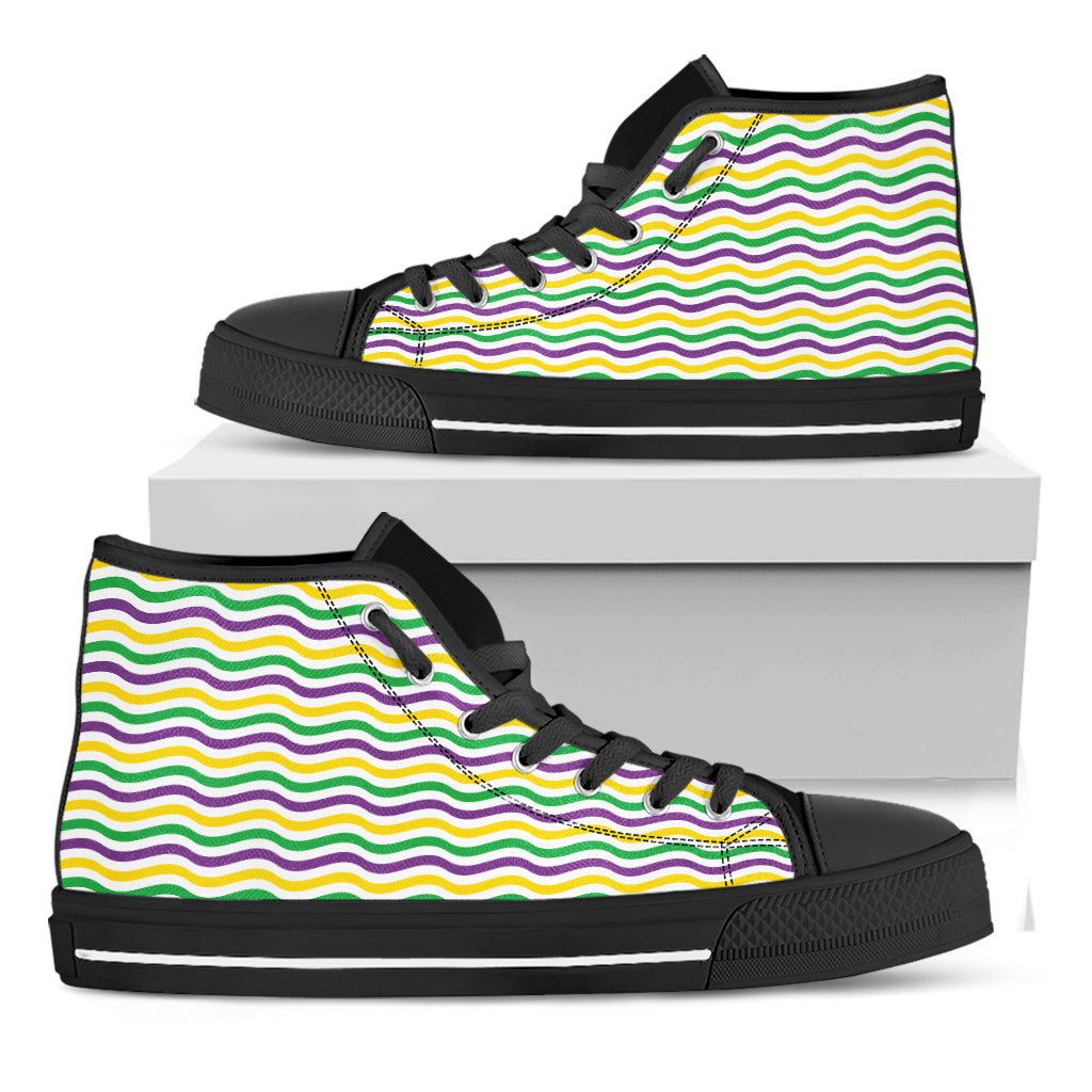 Mardi Gras Wave Pattern Print Black High Top Shoes