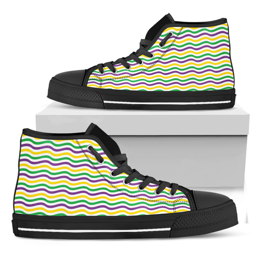 Mardi Gras Wave Pattern Print Black High Top Shoes