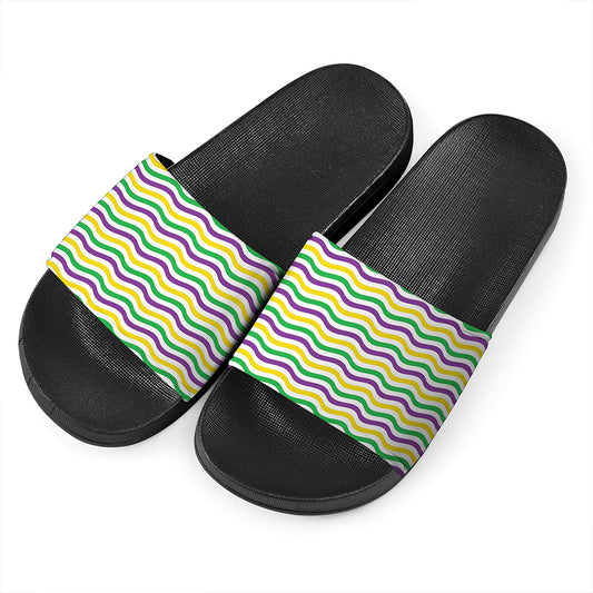Mardi Gras Wave Pattern Print Black Slide Sandals