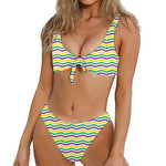 Mardi Gras Wave Pattern Print Front Bow Tie Bikini