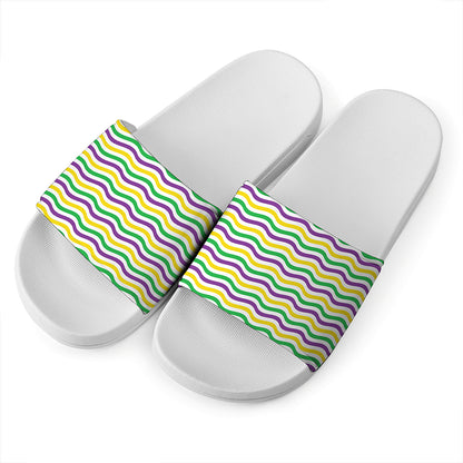 Mardi Gras Wave Pattern Print White Slide Sandals