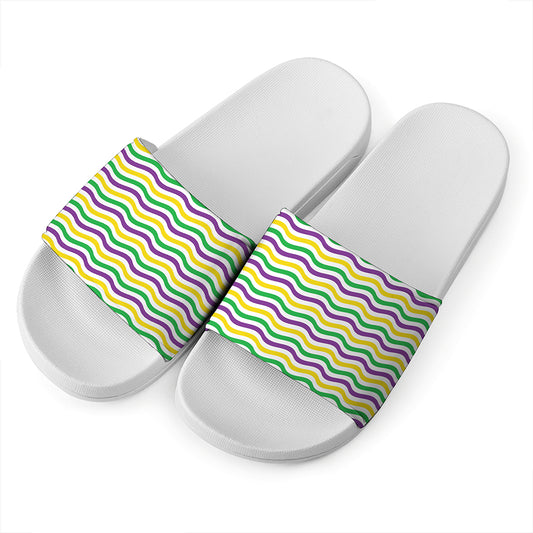 Mardi Gras Wave Pattern Print White Slide Sandals