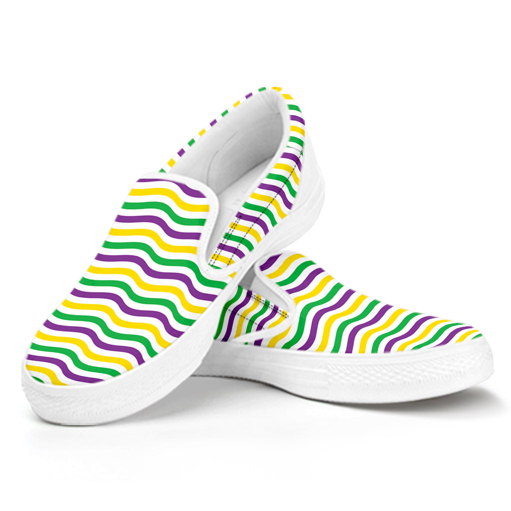 Mardi Gras Wave Pattern Print White Slip On Shoes