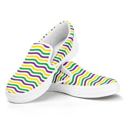 Mardi Gras Wave Pattern Print White Slip On Shoes