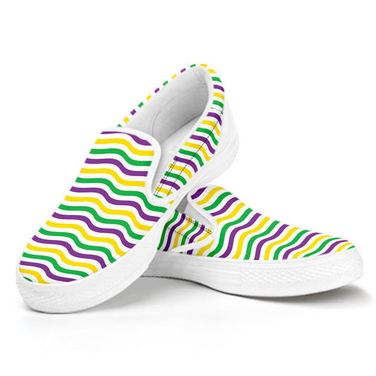 Mardi Gras Wave Pattern Print White Slip On Shoes