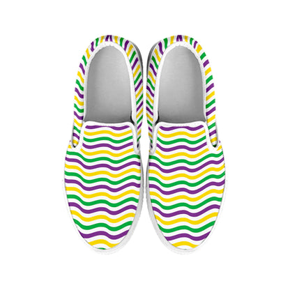 Mardi Gras Wave Pattern Print White Slip On Shoes