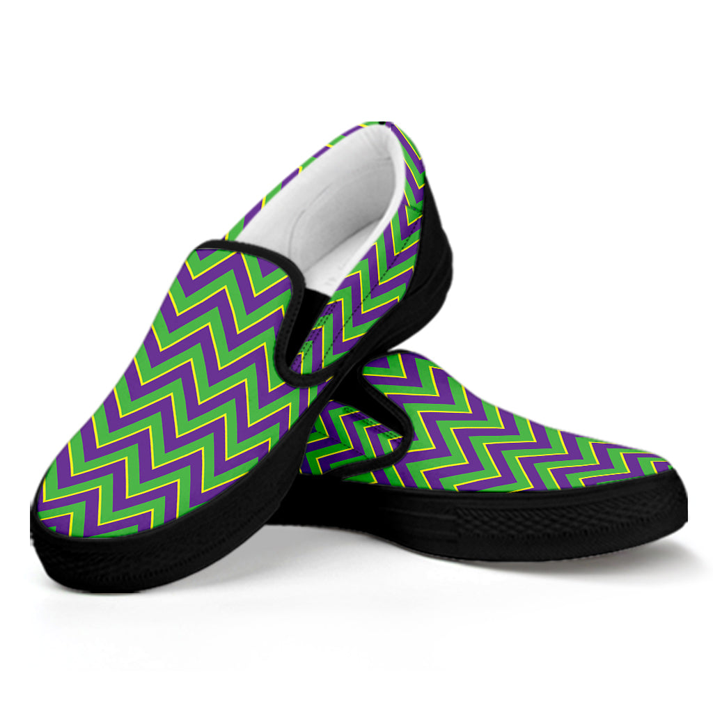Mardi Gras Zigzag Pattern Print Black Slip On Shoes