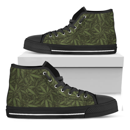 Marijuana Leaf Pattern Print Black High Top Shoes