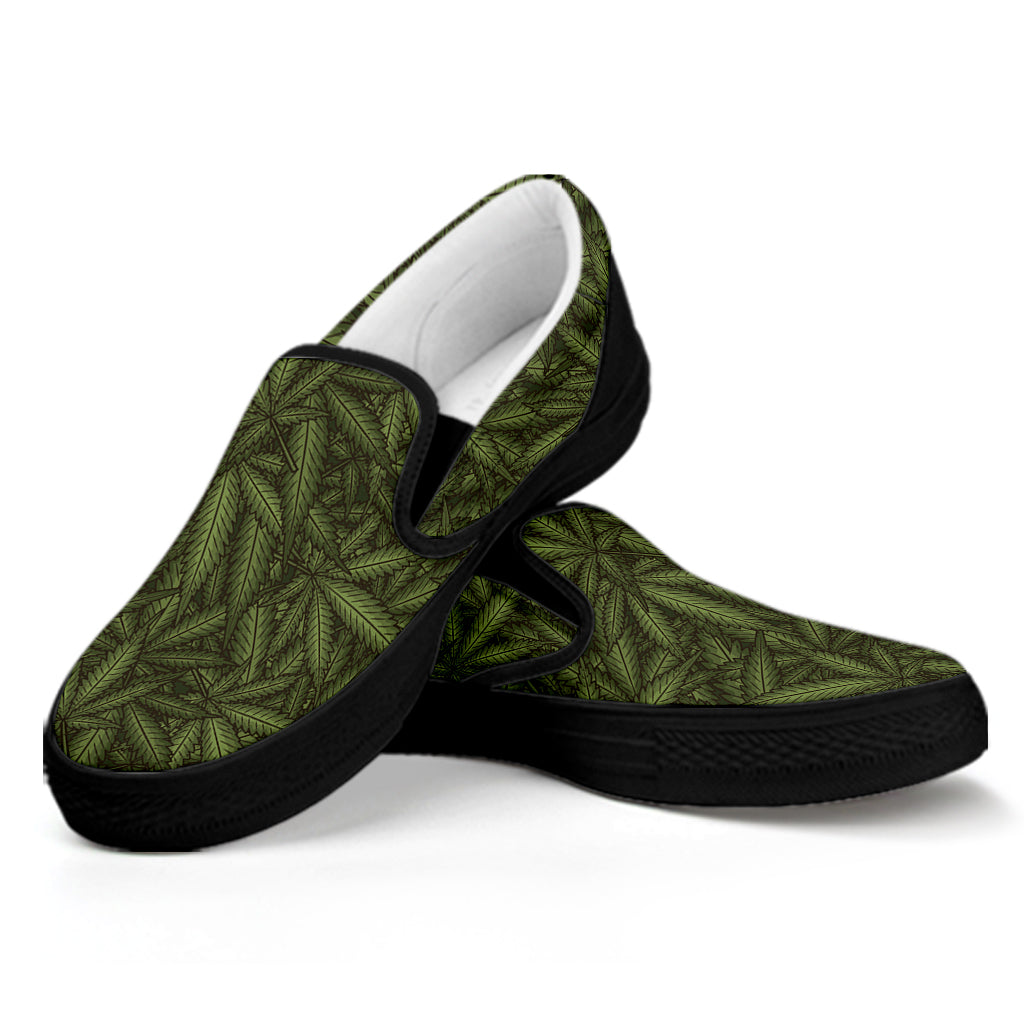 Marijuana Leaf Pattern Print Black Slip On Shoes