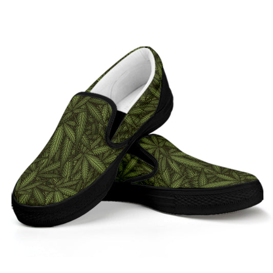 Marijuana Leaf Pattern Print Black Slip On Shoes