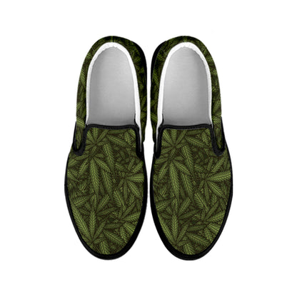 Marijuana Leaf Pattern Print Black Slip On Shoes
