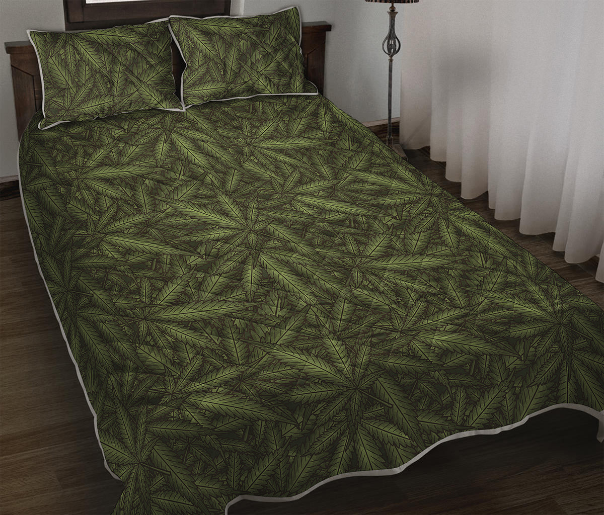 Marijuana Leaf Pattern Print Quilt Bed Set