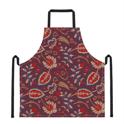 Maroon Vintage Bohemian Floral Print Apron