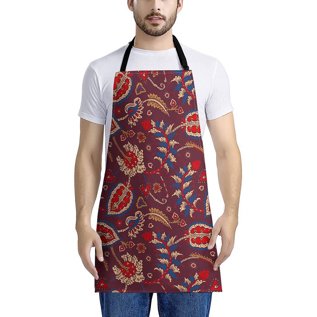 Maroon Vintage Bohemian Floral Print Apron