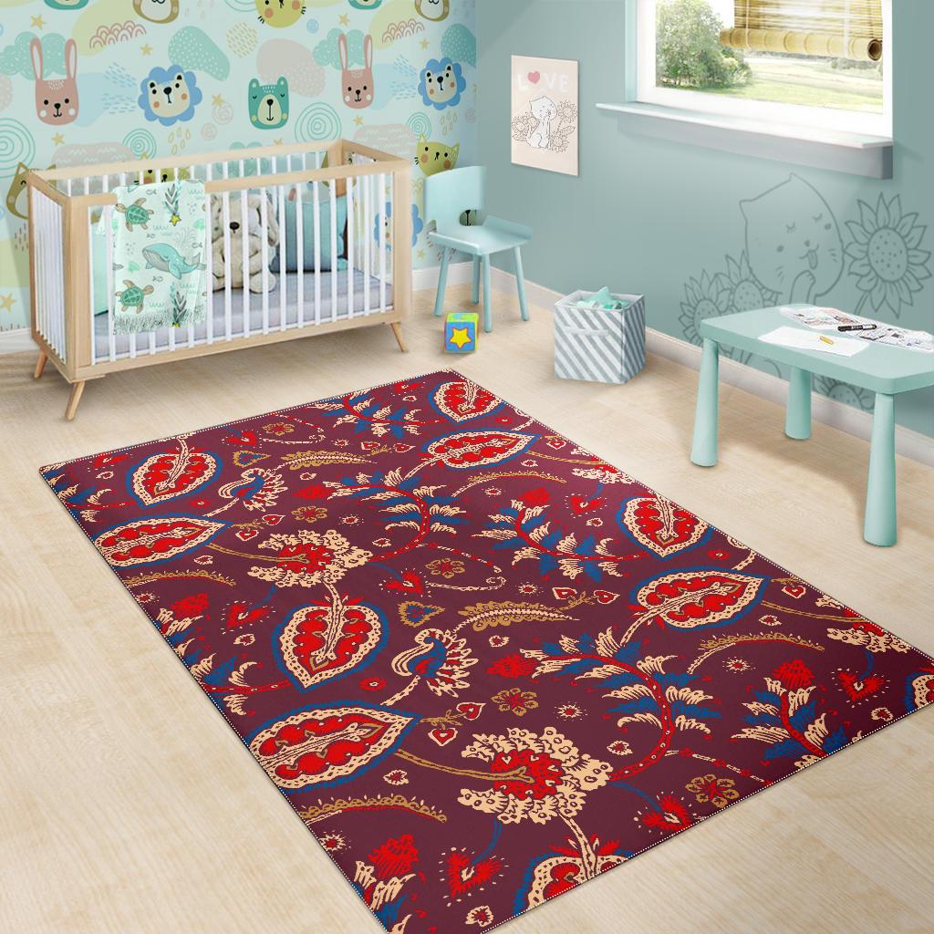 Maroon Vintage Bohemian Floral Print Area Rug GearFrost