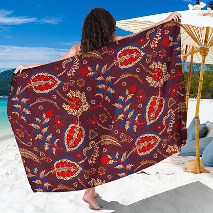 Maroon Vintage Bohemian Floral Print Beach Sarong Wrap