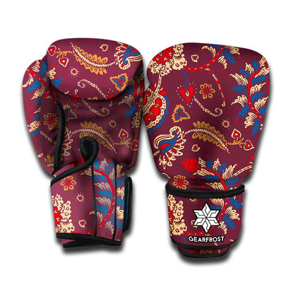Maroon Vintage Bohemian Floral Print Boxing Gloves
