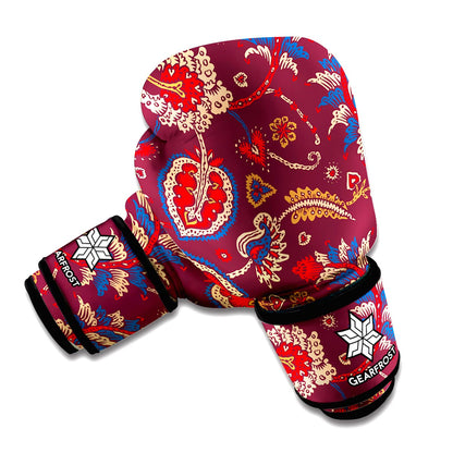 Maroon Vintage Bohemian Floral Print Boxing Gloves