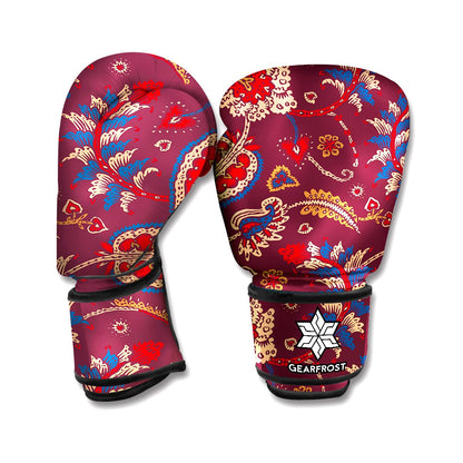Maroon Vintage Bohemian Floral Print Boxing Gloves