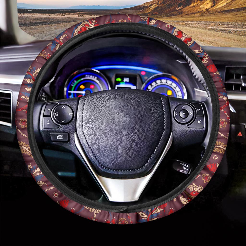 Maroon Vintage Bohemian Floral Print Car Steering Wheel Cover