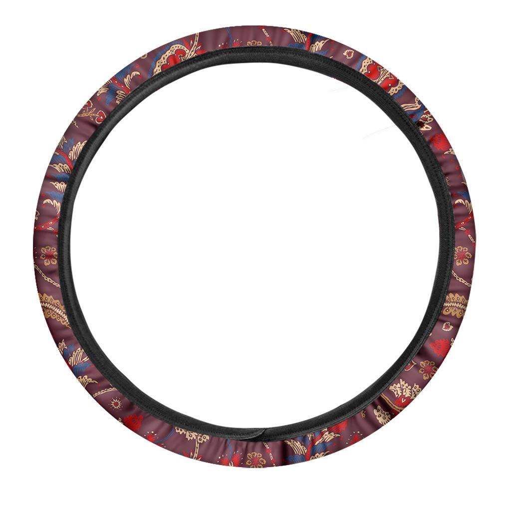 Maroon Vintage Bohemian Floral Print Car Steering Wheel Cover
