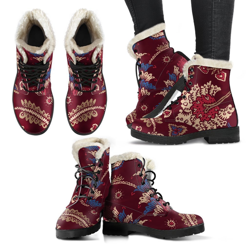 Maroon Vintage Bohemian Floral Print Comfy Boots GearFrost