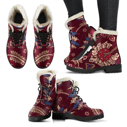 Maroon Vintage Bohemian Floral Print Comfy Boots GearFrost