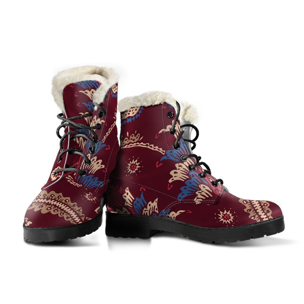 Maroon Vintage Bohemian Floral Print Comfy Boots GearFrost
