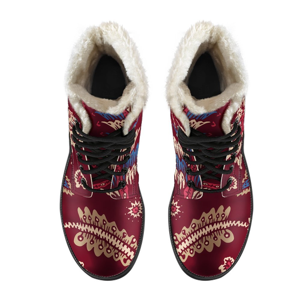 Maroon Vintage Bohemian Floral Print Comfy Boots GearFrost