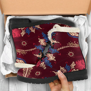 Maroon Vintage Bohemian Floral Print Comfy Boots GearFrost