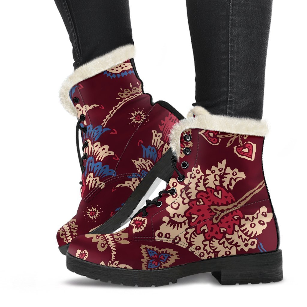 Maroon Vintage Bohemian Floral Print Comfy Boots GearFrost