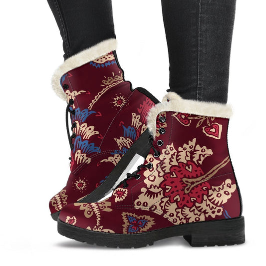 Maroon Vintage Bohemian Floral Print Comfy Boots GearFrost