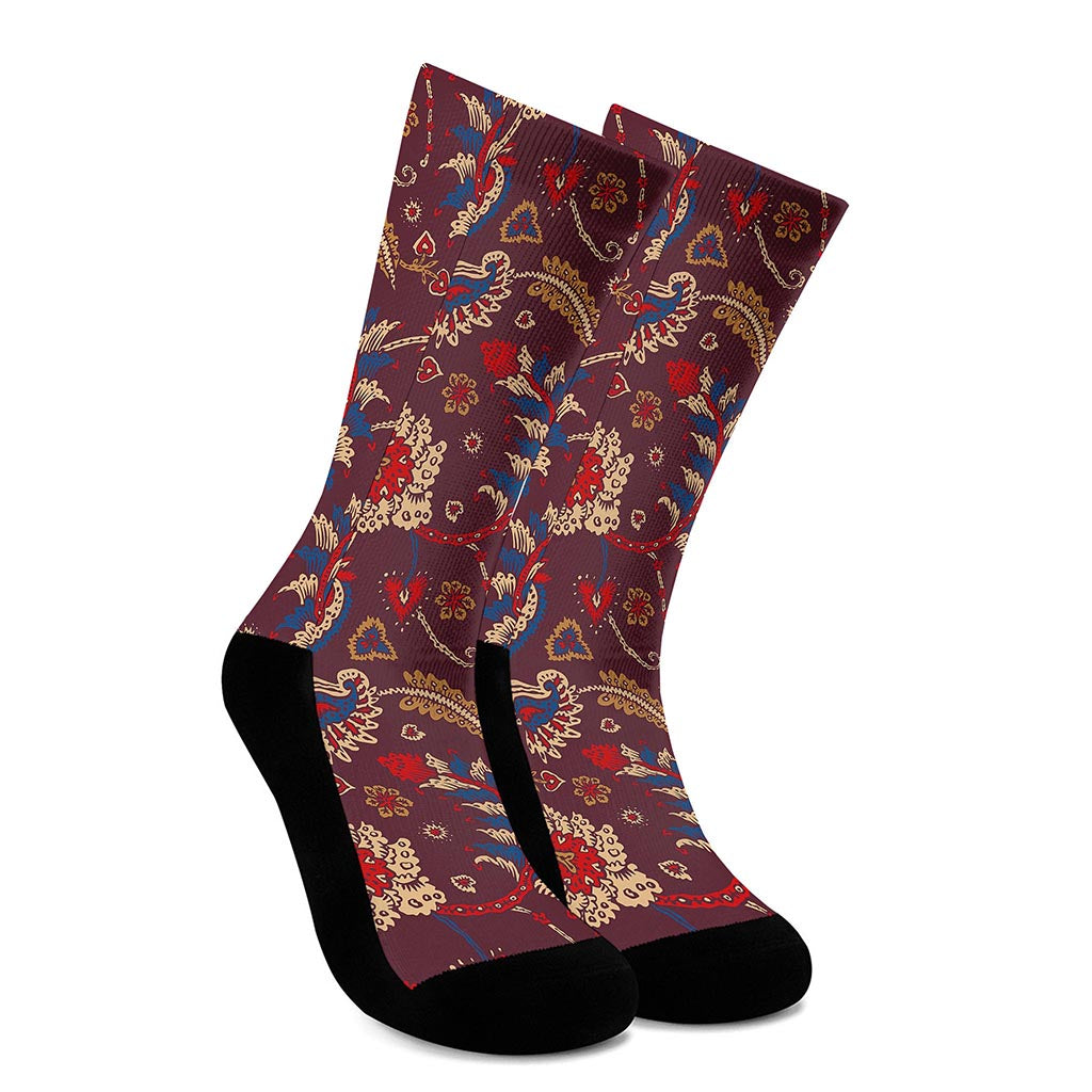 Maroon Vintage Bohemian Floral Print Crew Socks