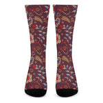Maroon Vintage Bohemian Floral Print Crew Socks