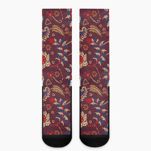 Maroon Vintage Bohemian Floral Print Crew Socks