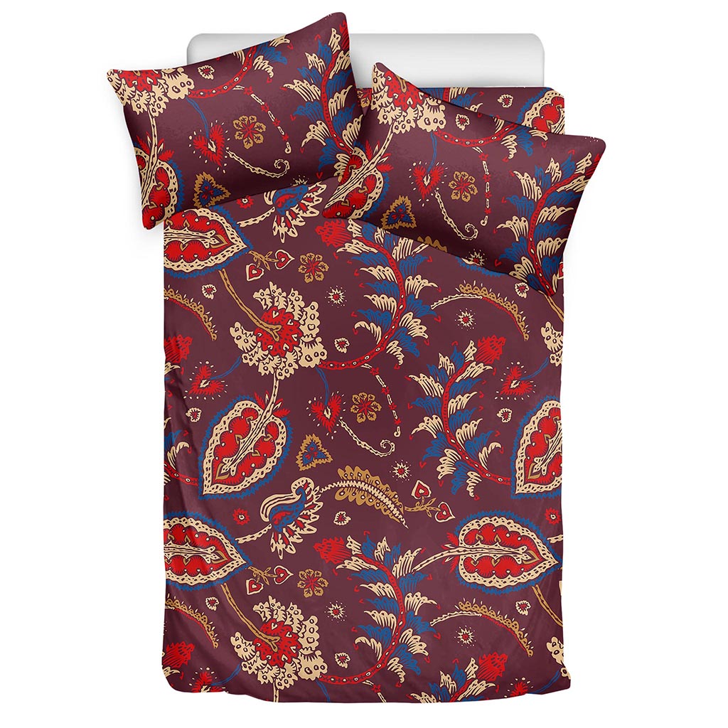 Maroon Vintage Bohemian Floral Print Duvet Cover Bedding Set