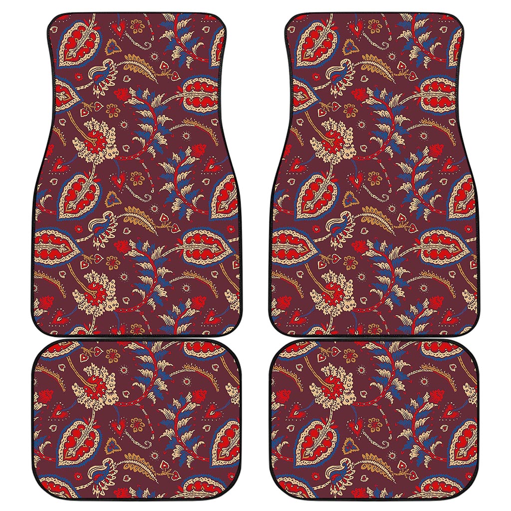 Maroon Vintage Bohemian Floral Print Front and Back Car Floor Mats