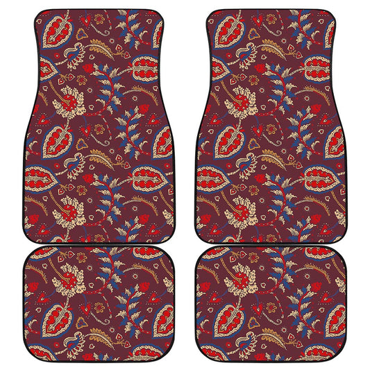 Maroon Vintage Bohemian Floral Print Front and Back Car Floor Mats