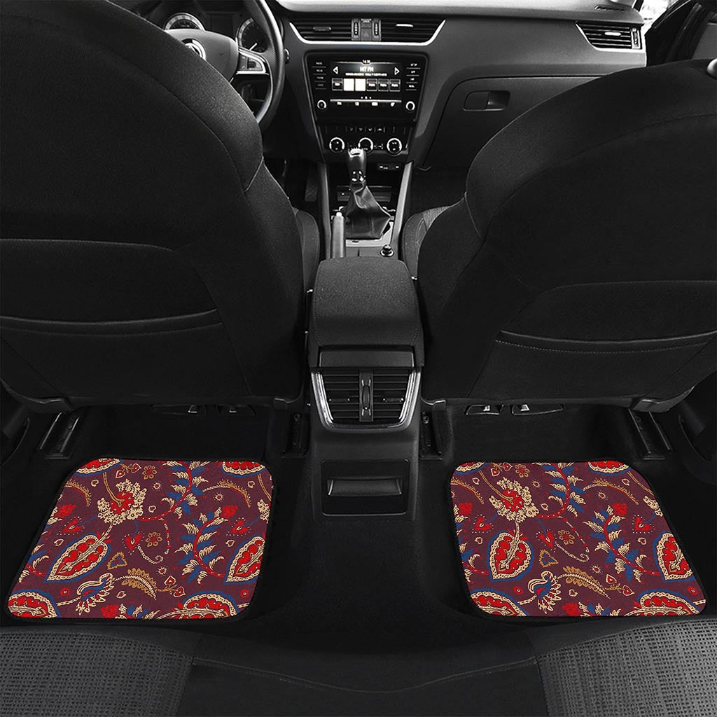 Maroon Vintage Bohemian Floral Print Front and Back Car Floor Mats